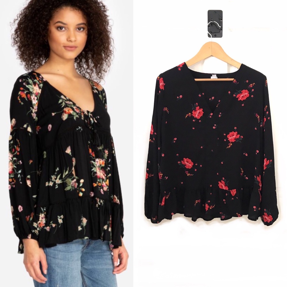 Gap black v-neck rose print peplum peasant blouse
